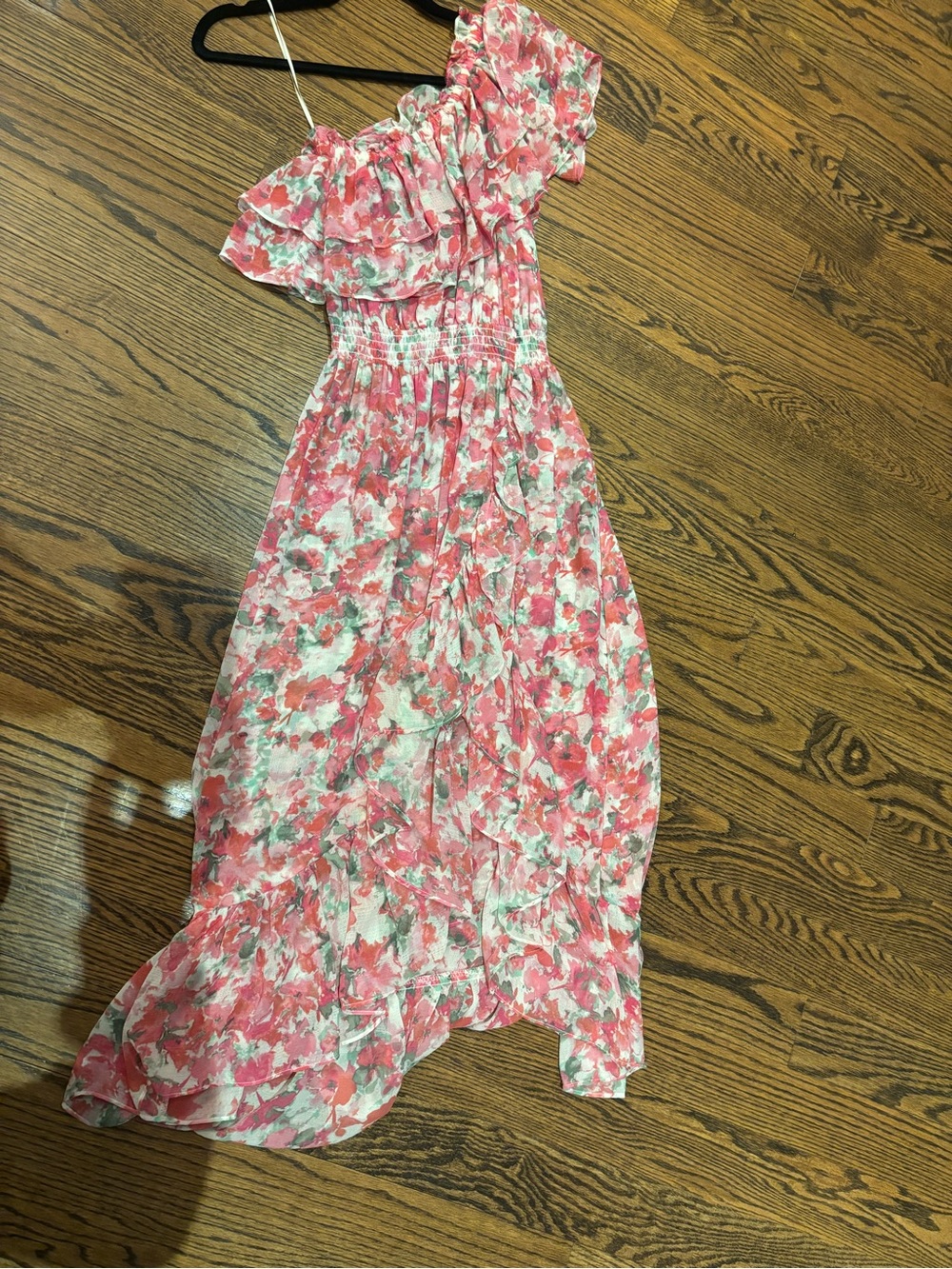 MISA One-Shoulder Pink Floral Ruffle Dress